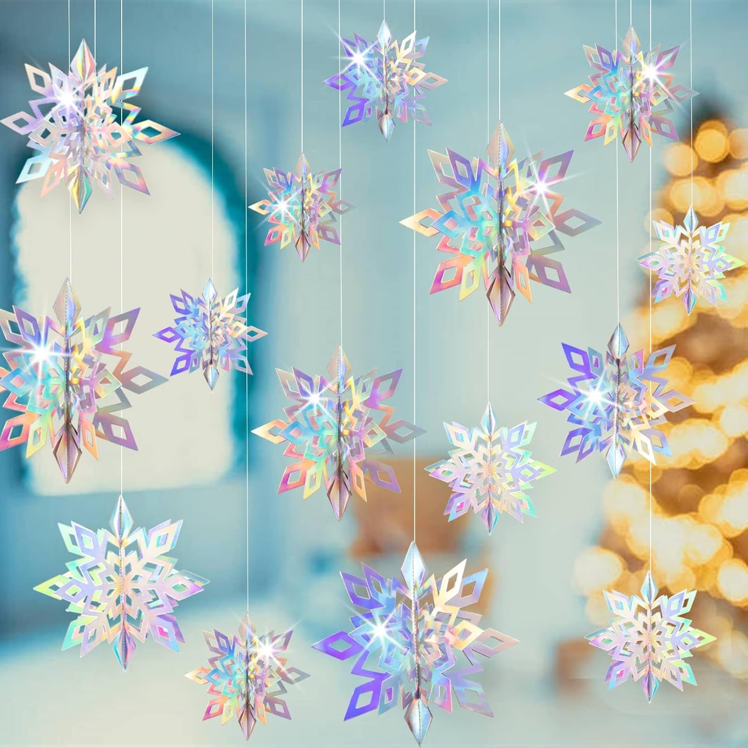 GuassLee Christmas Hanging Snowflakes Decorations Clearance 15pcs 3D Iridescent Paper Snowflakes Snow Flakes Garland for Winter Wonderland Frozen Christmas Birthday Party Decorations-0