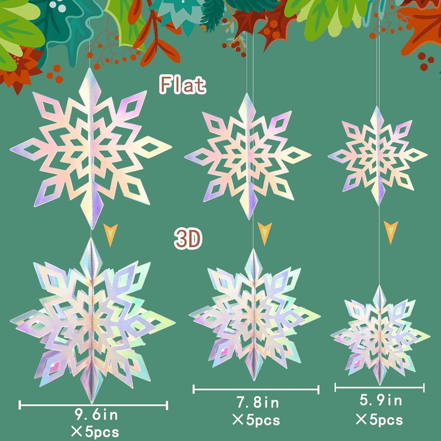 GuassLee Christmas Hanging Snowflakes Decorations Clearance 15pcs 3D Iridescent Paper Snowflakes Snow Flakes Garland for Winter Wonderland Frozen Christmas Birthday Party Decorations-3