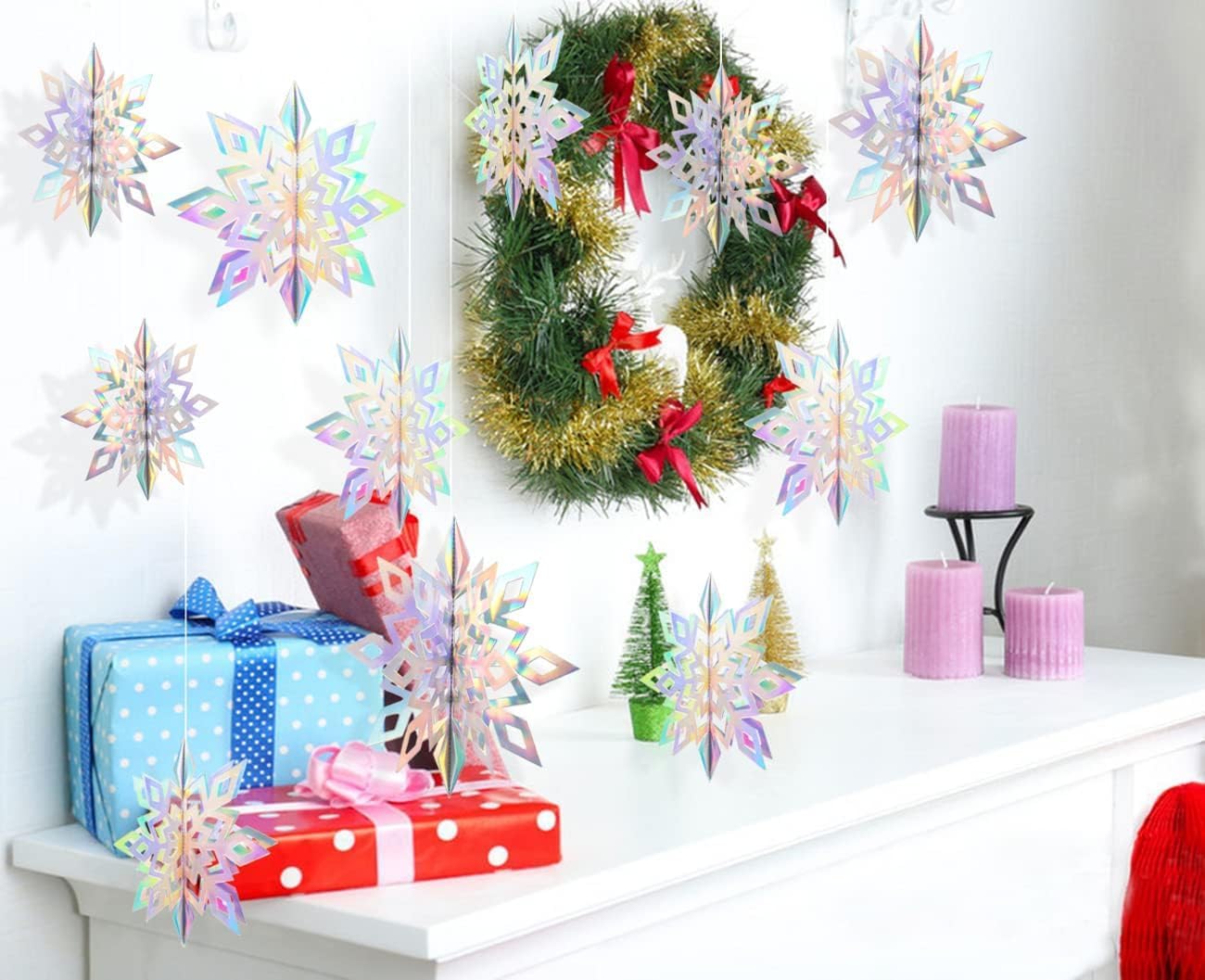 GuassLee Christmas Hanging Snowflakes Decorations Clearance 15pcs 3D Iridescent Paper Snowflakes Snow Flakes Garland for Winter Wonderland Frozen Christmas Birthday Party Decorations-7