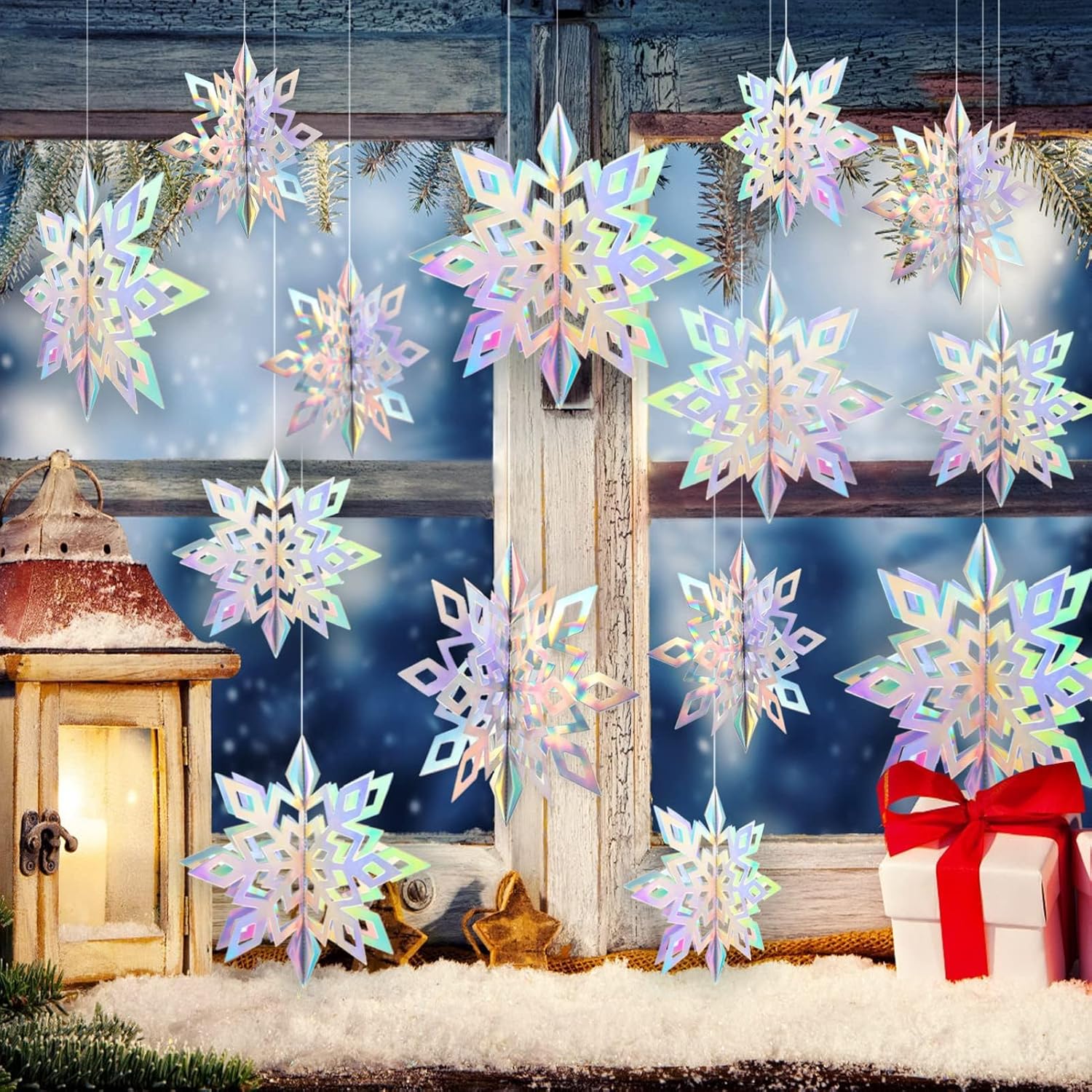 GuassLee Christmas Hanging Snowflakes Decorations Clearance 15pcs 3D Iridescent Paper Snowflakes Snow Flakes Garland for Winter Wonderland Frozen Christmas Birthday Party Decorations-8