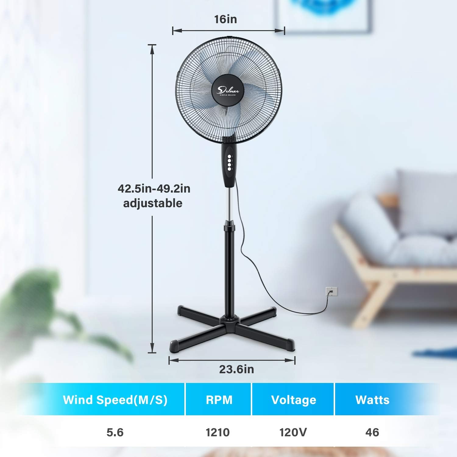 Simple Deluxe Oscillating 16″ 3 Adjustable Speed Pedestal Stand Fan for Indoor, Bedroom, Living Room, Home Office & College Dorm Use,Black-2