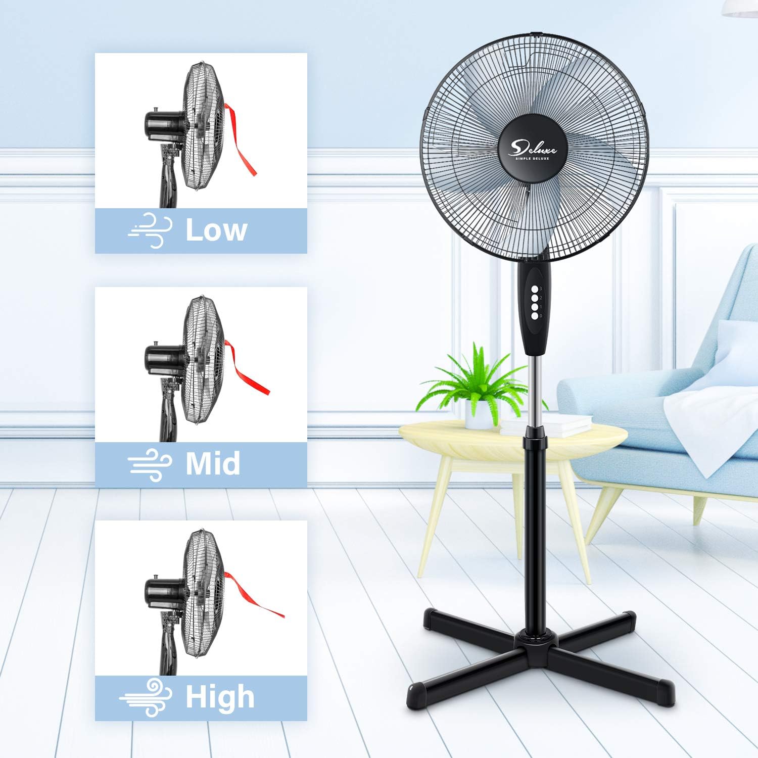 Simple Deluxe Oscillating 16″ 3 Adjustable Speed Pedestal Stand Fan for Indoor, Bedroom, Living Room, Home Office & College Dorm Use,Black-4