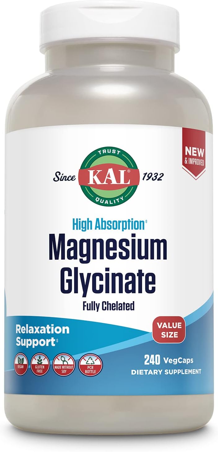 KAL Magnesium Glycinate, New & Improved Fully Chelated High Absorption Formula with BioPerine, Bisglycinate Chelate for Stress, Relaxation, Muscle & Bone Health Support, 60 Servings, 240 VegCaps-0