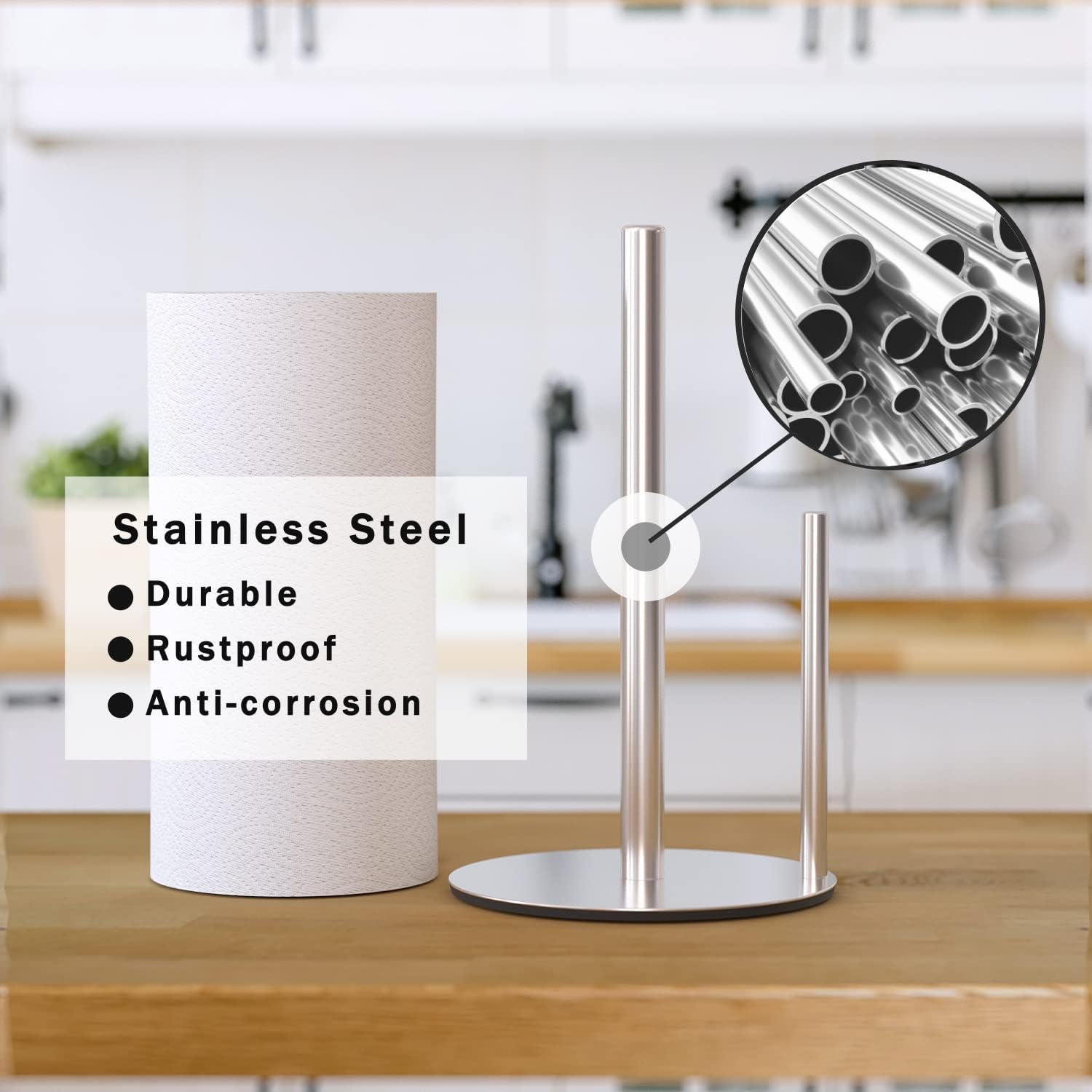 Paper Towel Holder Silver Kitchen Roll Holder, Premium Stainless Steel Paper Towel Holder for Kitchen Roll Organize, Countertop Roll Dispenser with Weighted Base-2