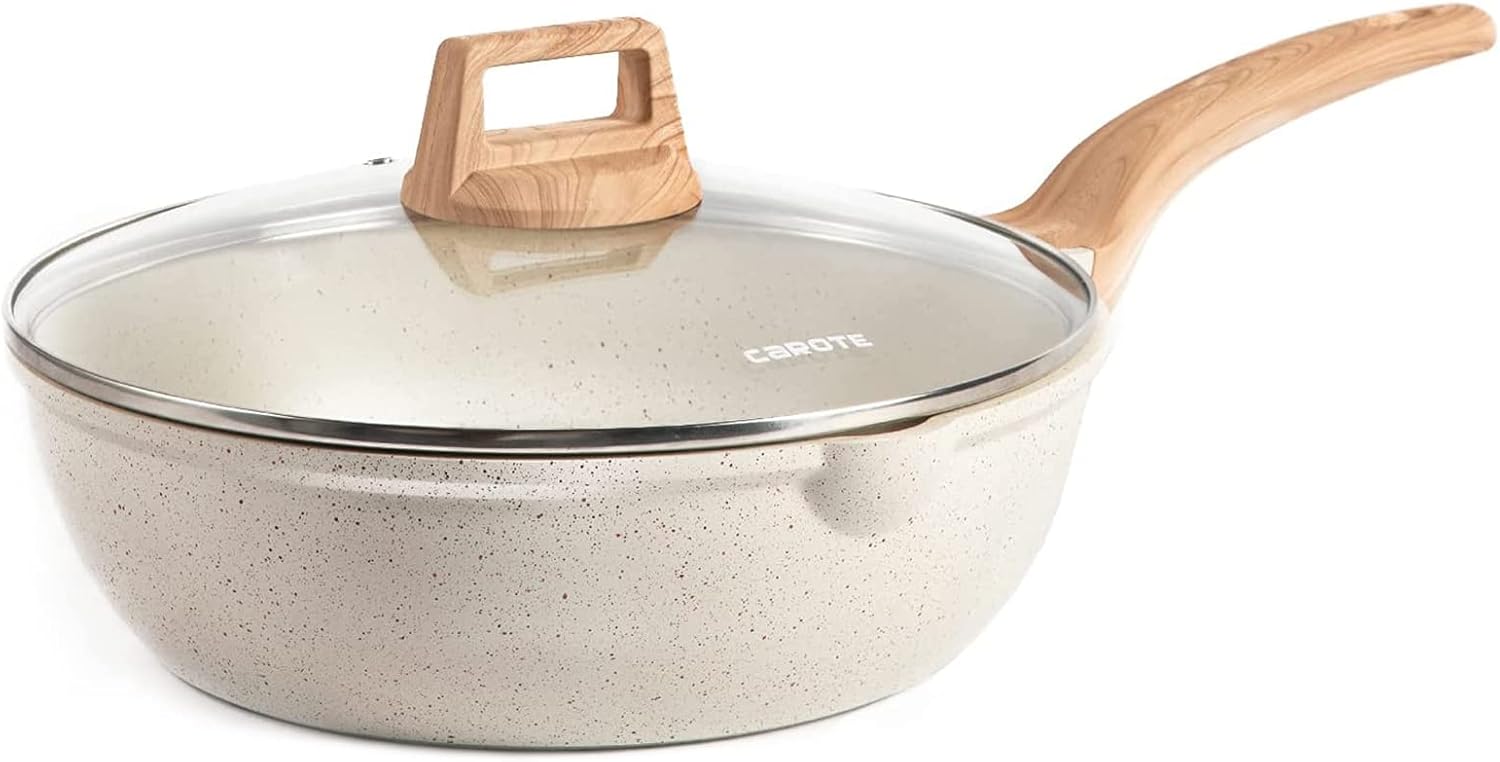 CAROTE 12Inch Nonstick Deep Frying Pan with Lid, 5.5 Qt Jumbo Cooker Saute Pan with Pour Spout, Skillet Induction Cookware, Non Stick Cooking Pan Kitchen Pan PFOA Free, White Granite-0