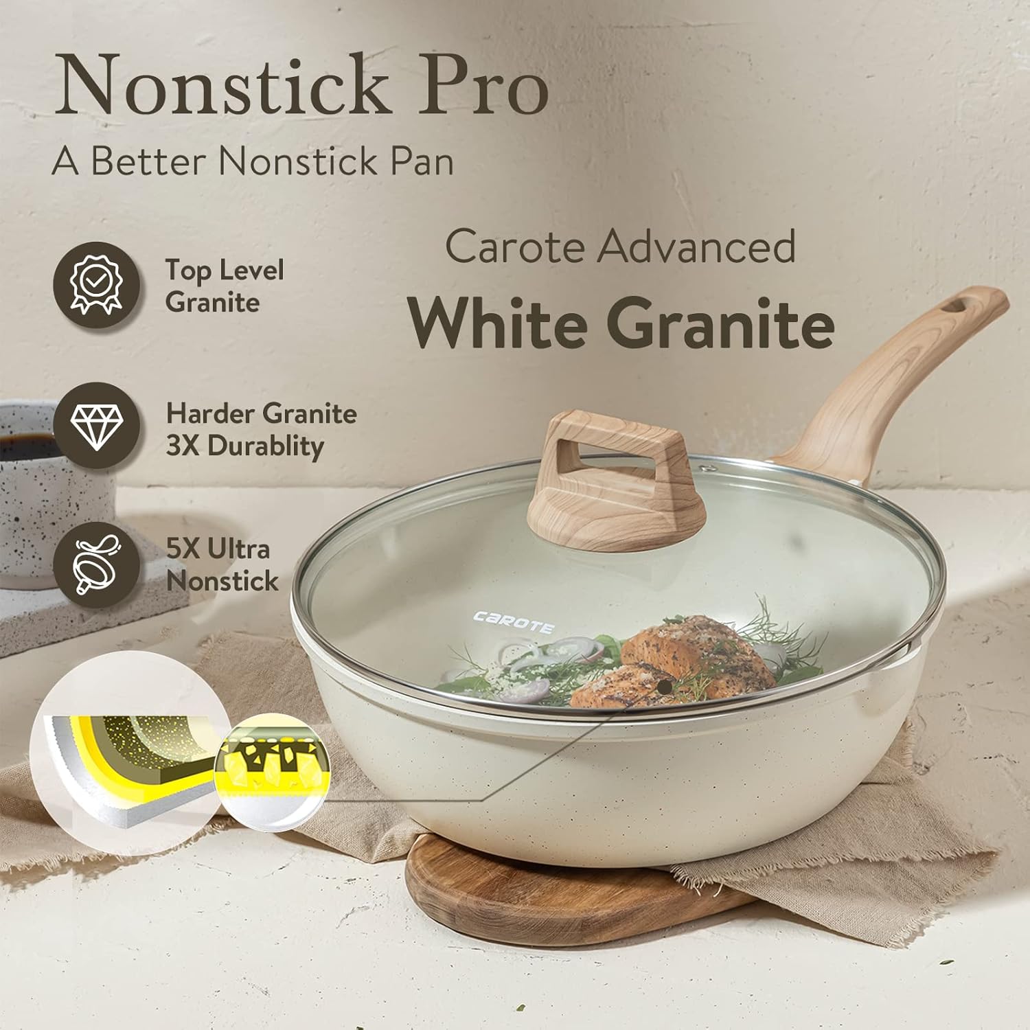 CAROTE 12Inch Nonstick Deep Frying Pan with Lid, 5.5 Qt Jumbo Cooker Saute Pan with Pour Spout, Skillet Induction Cookware, Non Stick Cooking Pan Kitchen Pan PFOA Free, White Granite-1