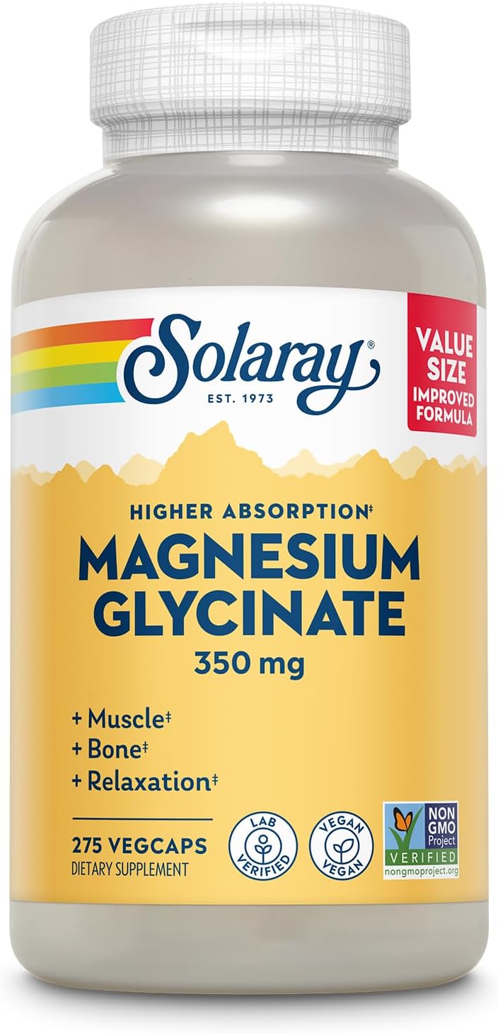 SOLARAY Magnesium Glycinate Capsules, Chelated Magnesium Bisglycinate w/ BioPerine, Higher Absorption Magnesium Supplement - Bones, Muscles, Heart Support, Vegan, 275 Count-0