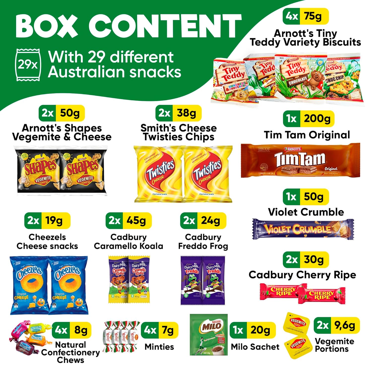 Australian Snack Gift Box (29 Units) Best Australian Candy and Food Products Packed with Aussie Candy Classics including Tim Tams, Arnott’s, Twisties, Cherry Ripe and Much More-2