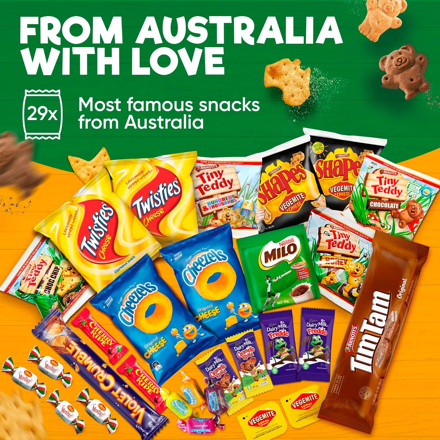 Australian Snack Gift Box (29 Units) Best Australian Candy and Food Products Packed with Aussie Candy Classics including Tim Tams, Arnott’s, Twisties, Cherry Ripe and Much More-6