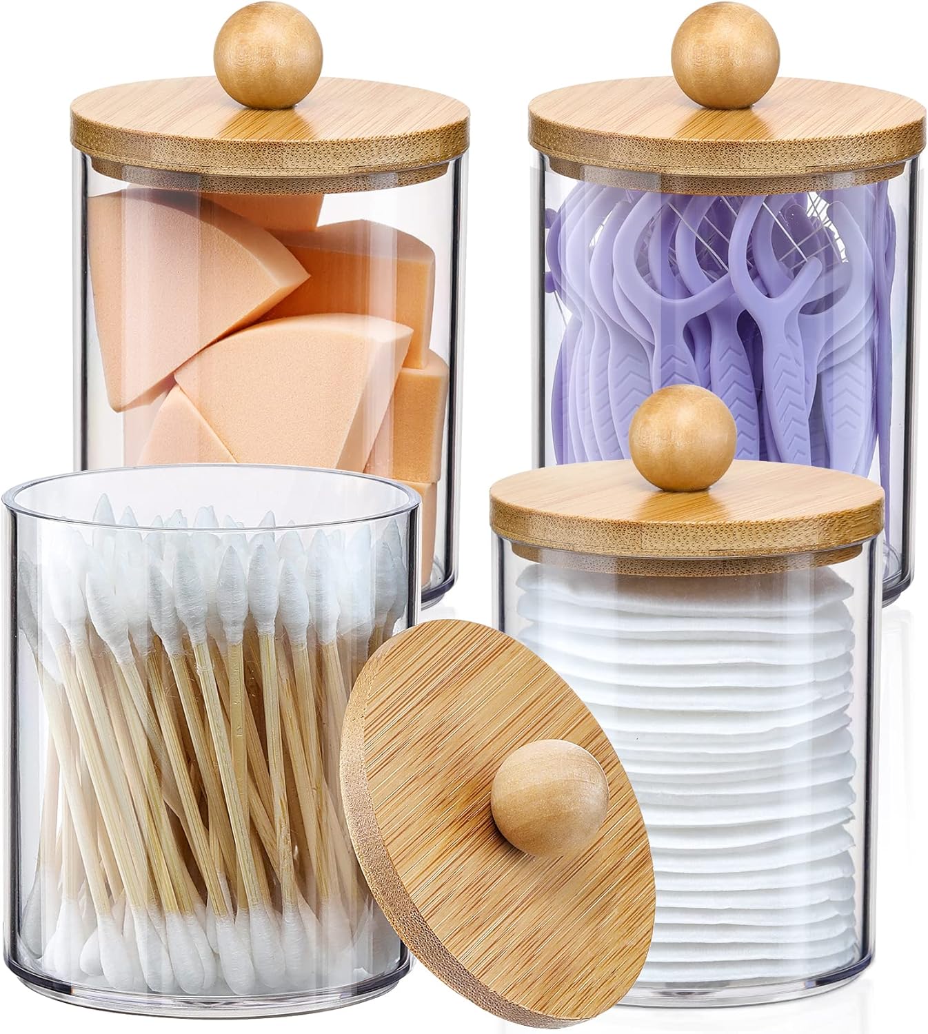 4 Pack Qtip Holder Dispenser with Bamboo Lids - 10 oz Clear Plastic Apothecary Jar Containers for Vanity Makeup Organizer Storage - Bathroom Accessories Set for Cotton Swab, Ball, Pads, Floss-0