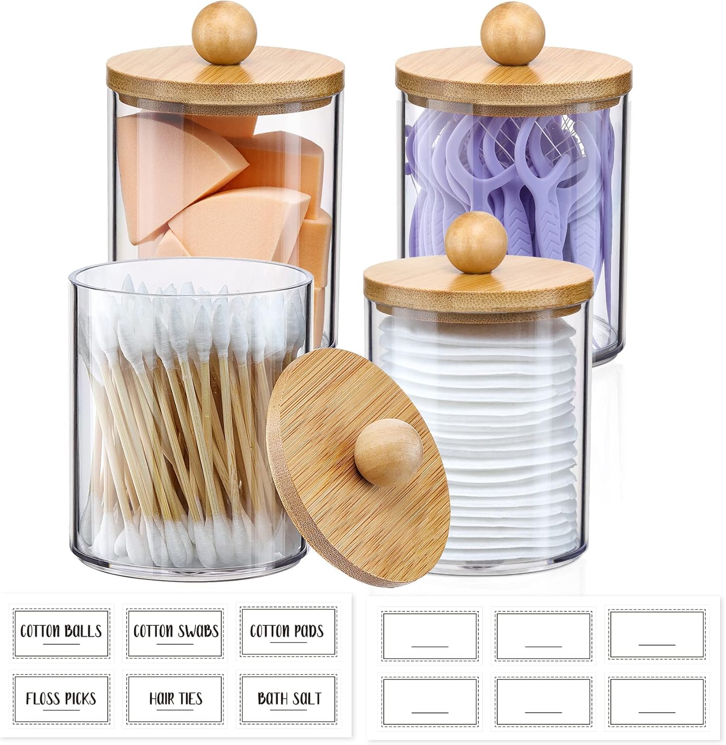 4 Pack Qtip Holder Dispenser with Bamboo Lids - 10 oz Clear Plastic Apothecary Jar Containers for Vanity Makeup Organizer Storage - Bathroom Accessories Set for Cotton Swab, Ball, Pads, Floss-1