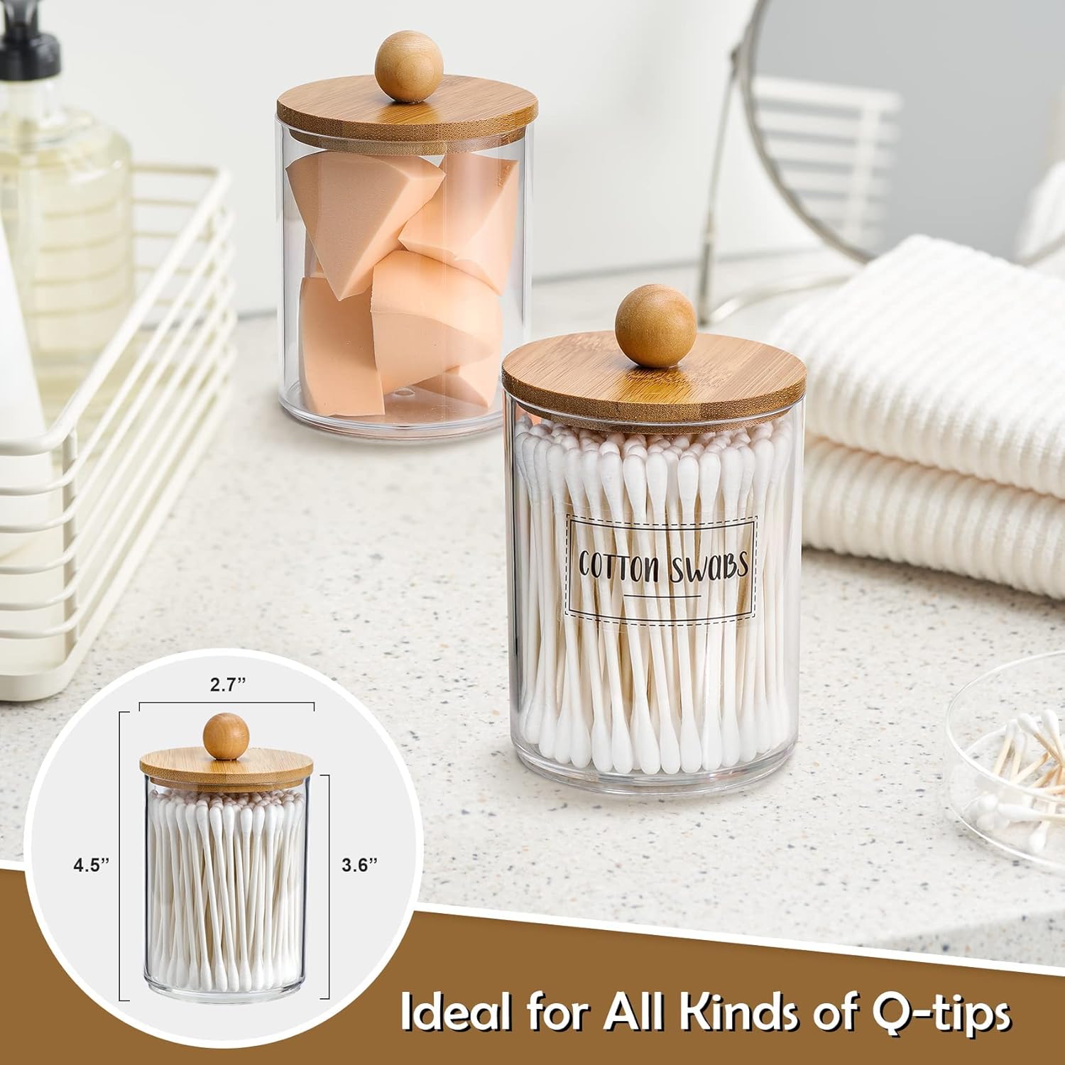 4 Pack Qtip Holder Dispenser with Bamboo Lids - 10 oz Clear Plastic Apothecary Jar Containers for Vanity Makeup Organizer Storage - Bathroom Accessories Set for Cotton Swab, Ball, Pads, Floss-3