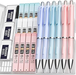 Nicpro 6PCS Pastel Mechanical Pencil Set 0.5 & 0.7 mm with 12 tubes HB Lead Refills, 3 Erasers, 9 Eraser Refills For School Writing, Drawing, Sketching, 3 Colors - With Case