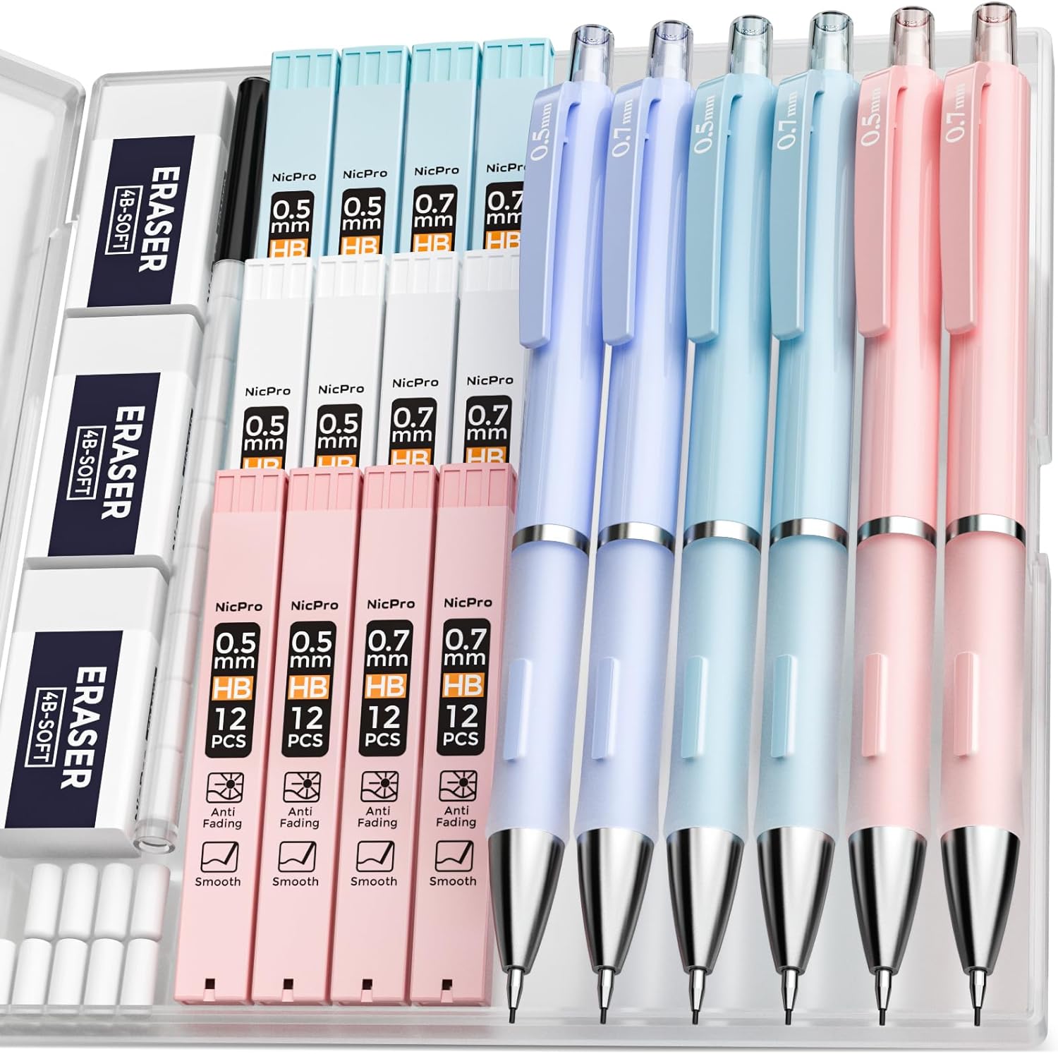 Nicpro 6PCS Pastel Mechanical Pencil Set 0.5 & 0.7 mm with 12 tubes HB Lead Refills, 3 Erasers, 9 Eraser Refills For School Writing, Drawing, Sketching, 3 Colors - With Case-0