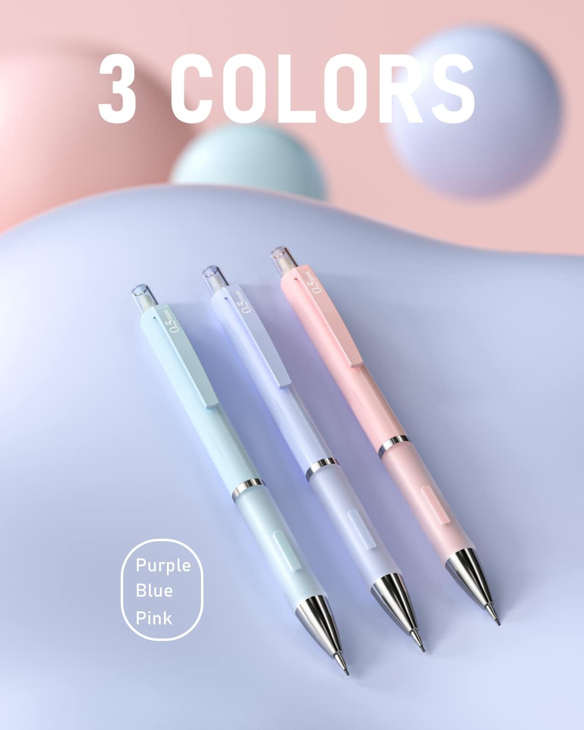 Nicpro 6PCS Pastel Mechanical Pencil Set 0.5 & 0.7 mm with 12 tubes HB Lead Refills, 3 Erasers, 9 Eraser Refills For School Writing, Drawing, Sketching, 3 Colors - With Case-1