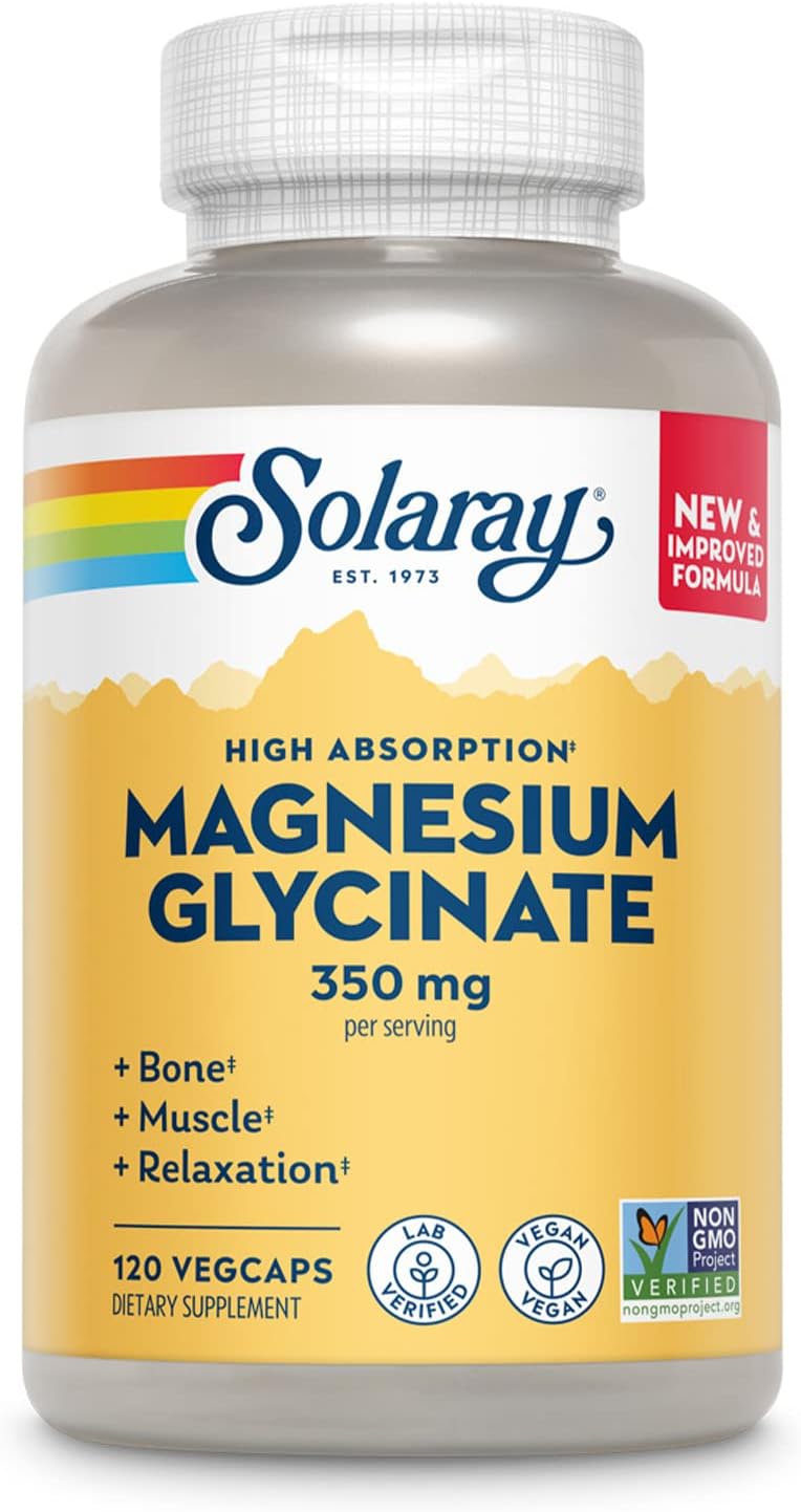 Solaray Magnesium Glycinate, New & Improved Fully Chelated Bisglycinate with BioPerine, High Absorption Formula, Stress, Bones, Muscle & Relaxation Support, 60 Day Guarantee (30 Servings, 120 VegCaps)-0