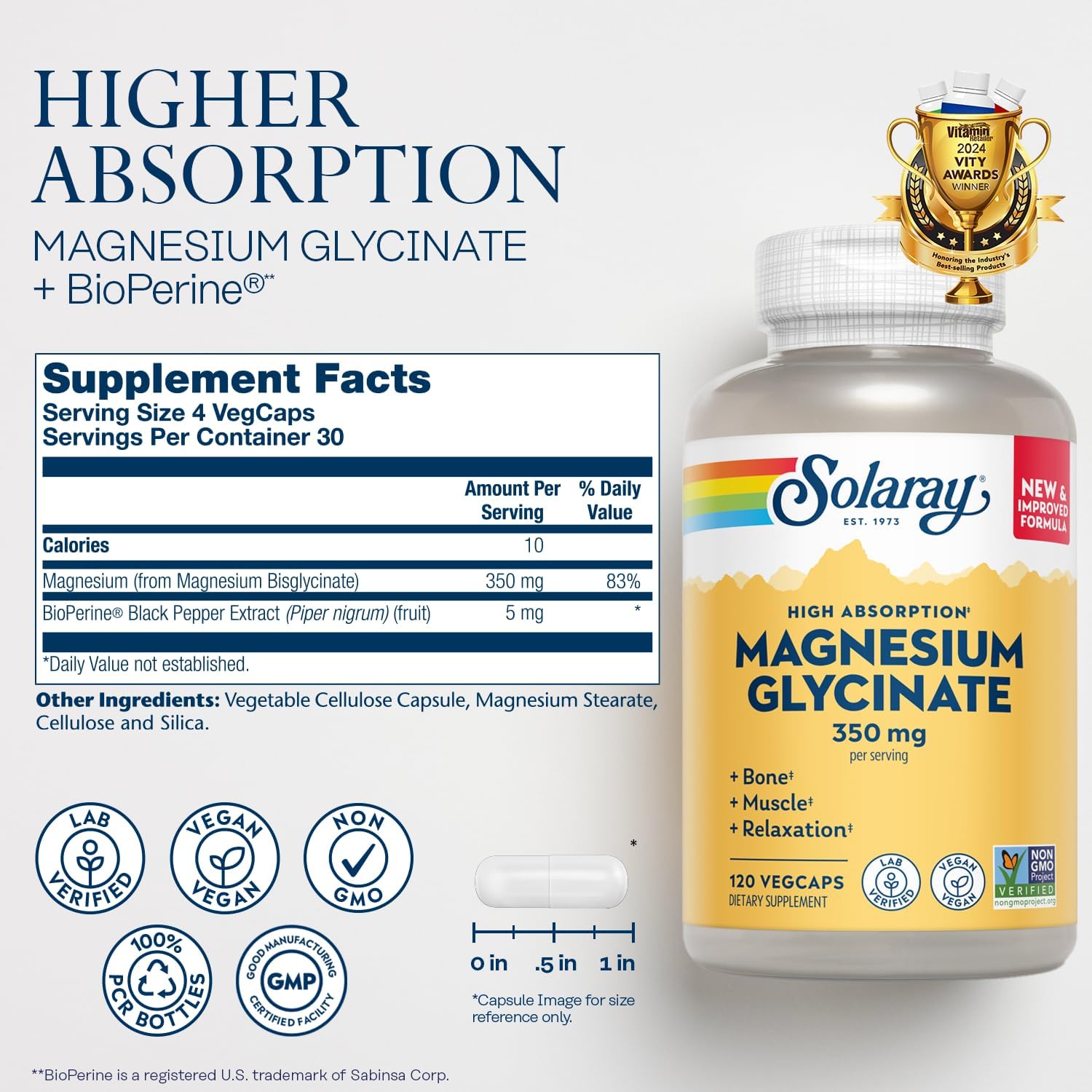 Solaray Magnesium Glycinate, New & Improved Fully Chelated Bisglycinate with BioPerine, High Absorption Formula, Stress, Bones, Muscle & Relaxation Support, 60 Day Guarantee (30 Servings, 120 VegCaps)-1