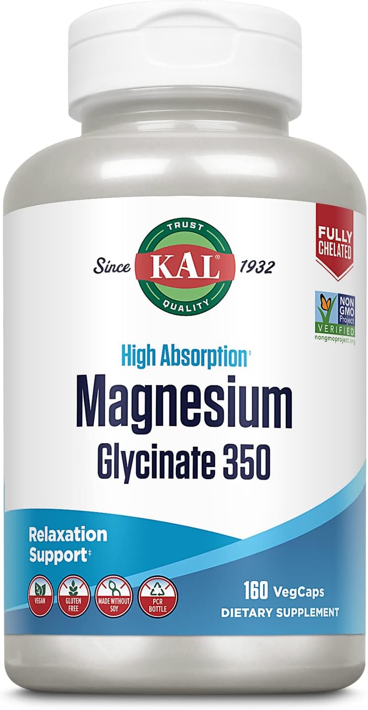 KAL Magnesium Glycinate Capsules, Fully Chelated Magnesium Bisglycinate, High Absorption Magnesium Supplement, Healthy Bones, Muscle, Relaxation and Stress Support, Non-GMO 160 count-0