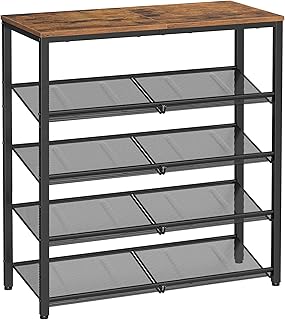 VASAGLE Shoe Rack for Entryway, 5 Tier Shoe Storage Shelves, 16-20 Pairs Shoe Organizer, with Sturdy Wooden Top and Steel Frame, Free Standing, Industrial, Rustic Brown and Ink Black ULBS038B01