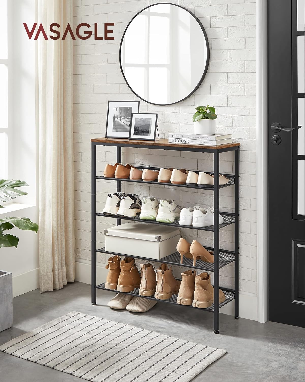 VASAGLE Shoe Rack for Entryway, 5 Tier Shoe Storage Shelves, 16-20 Pairs Shoe Organizer, with Sturdy Wooden Top and Steel Frame, Free Standing, Industrial, Rustic Brown and Ink Black ULBS038B01-1