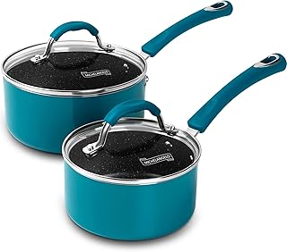 MICHELANGELO Sauce Pan Sets, Saucepans with Lids, 1Qt & 2Qt Sauce Pan with lid, Enameled Small Pot with Lid, Nonstick Saucepan Set, Sauce Pot with Silicone Handle, Oven Safe, Cyan