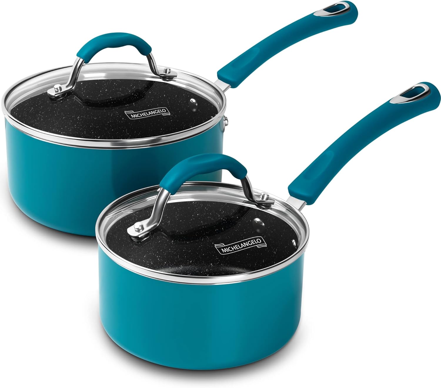 MICHELANGELO Sauce Pan Sets, Saucepans with Lids, 1Qt & 2Qt Sauce Pan with lid, Enameled Small Pot with Lid, Nonstick Saucepan Set, Sauce Pot with Silicone Handle, Oven Safe, Cyan-0