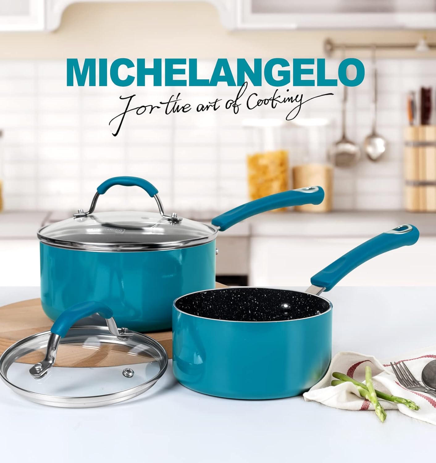 MICHELANGELO Sauce Pan Sets, Saucepans with Lids, 1Qt & 2Qt Sauce Pan with lid, Enameled Small Pot with Lid, Nonstick Saucepan Set, Sauce Pot with Silicone Handle, Oven Safe, Cyan-6