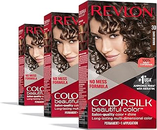 Revlon ColorSilk Beautiful Color Permanent Hair Color, Long-Lasting High-Definition Color, Shine & Silky Softness with 100% Gray Coverage, Ammonia Free, 30 Dark Brown, 3 Pack