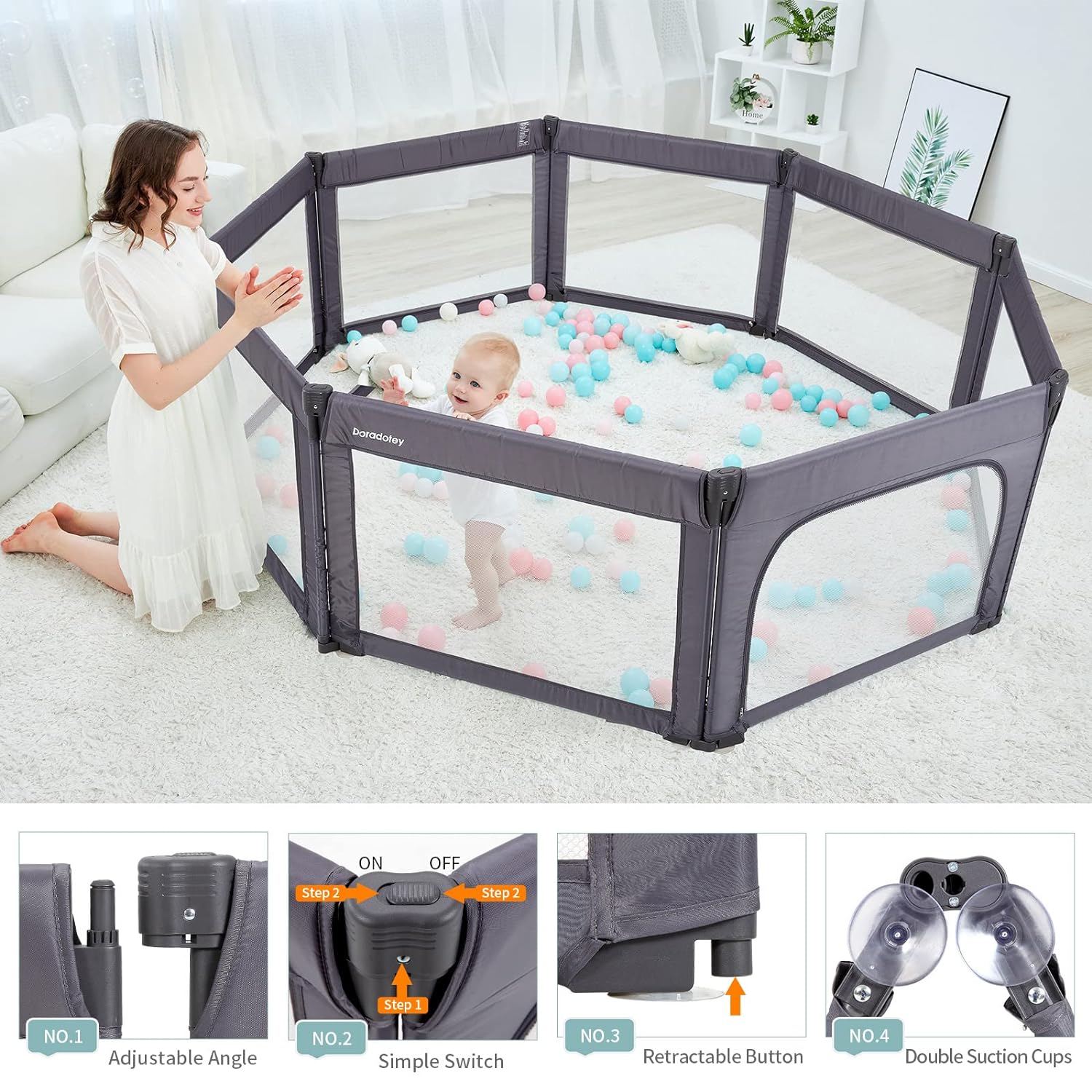 Doradotey Baby Playpen, Shape Adjustable Large & Small Baby Playard for Babies and Toddlers, Foldable Playpen Baby Fence Indoors Play Center Yards, Breathable Mesh Anti-Fall Play Pens(71x79 Deep Grey)-3