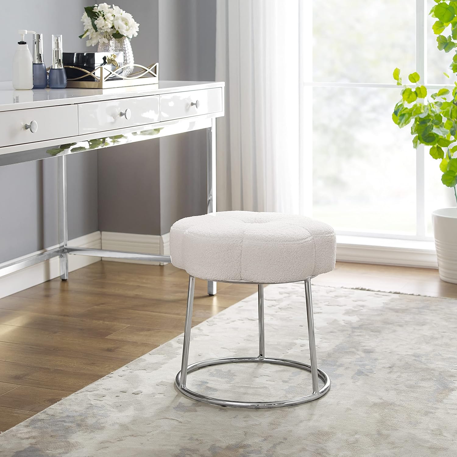 Linon Home Decor Products Cream Sherpa and Silver Vanity and Accent Linon Talulah Stool,AMZN2559-4