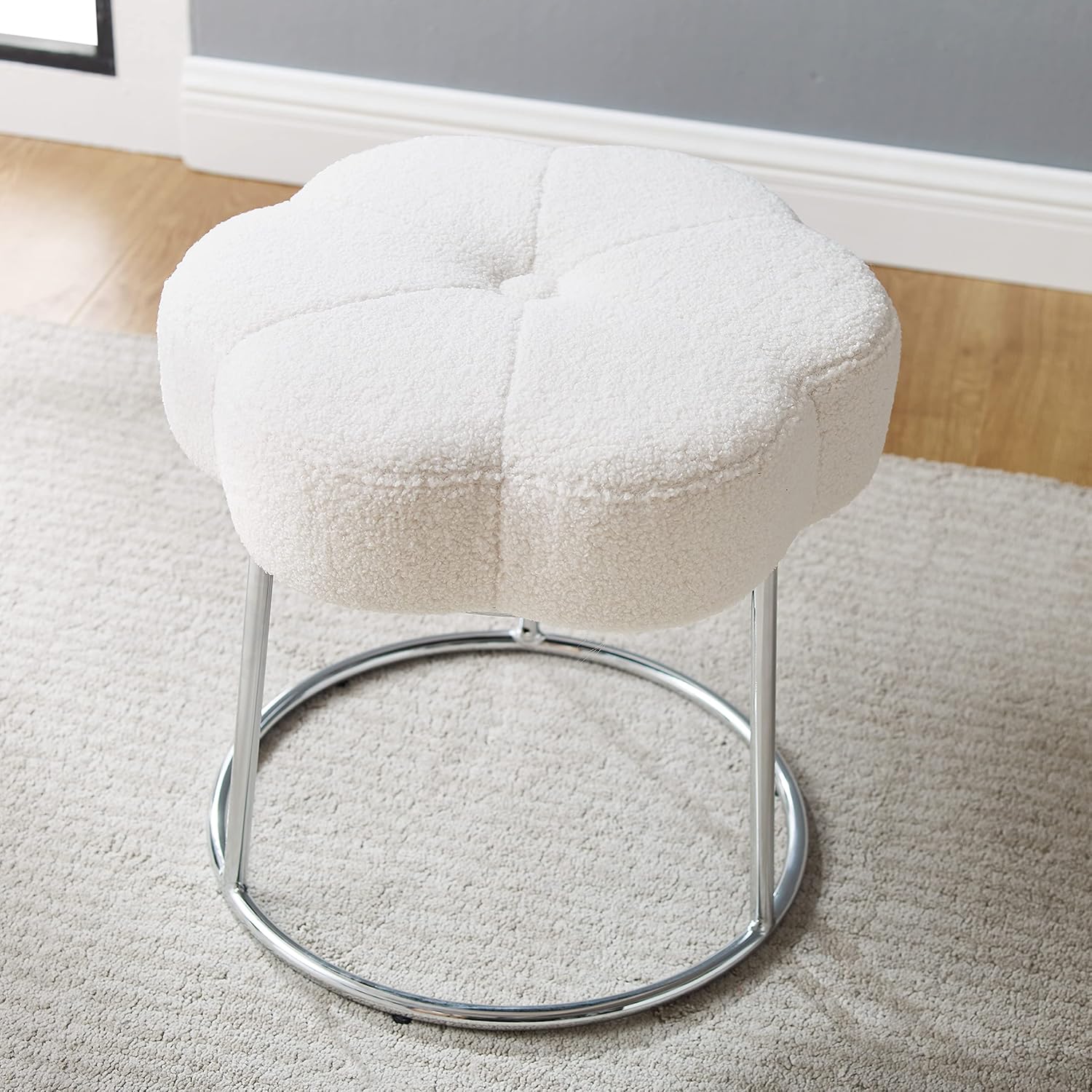 Linon Home Decor Products Cream Sherpa and Silver Vanity and Accent Linon Talulah Stool,AMZN2559-5