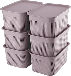 AREYZIN Plastic Storage Bins With Lid Set of 6 Storage Baskets for Organizing Container Lidded Storage Organizer Bins for Shelves Drawers Desktop Closet Playroom Classroom Office, Purple