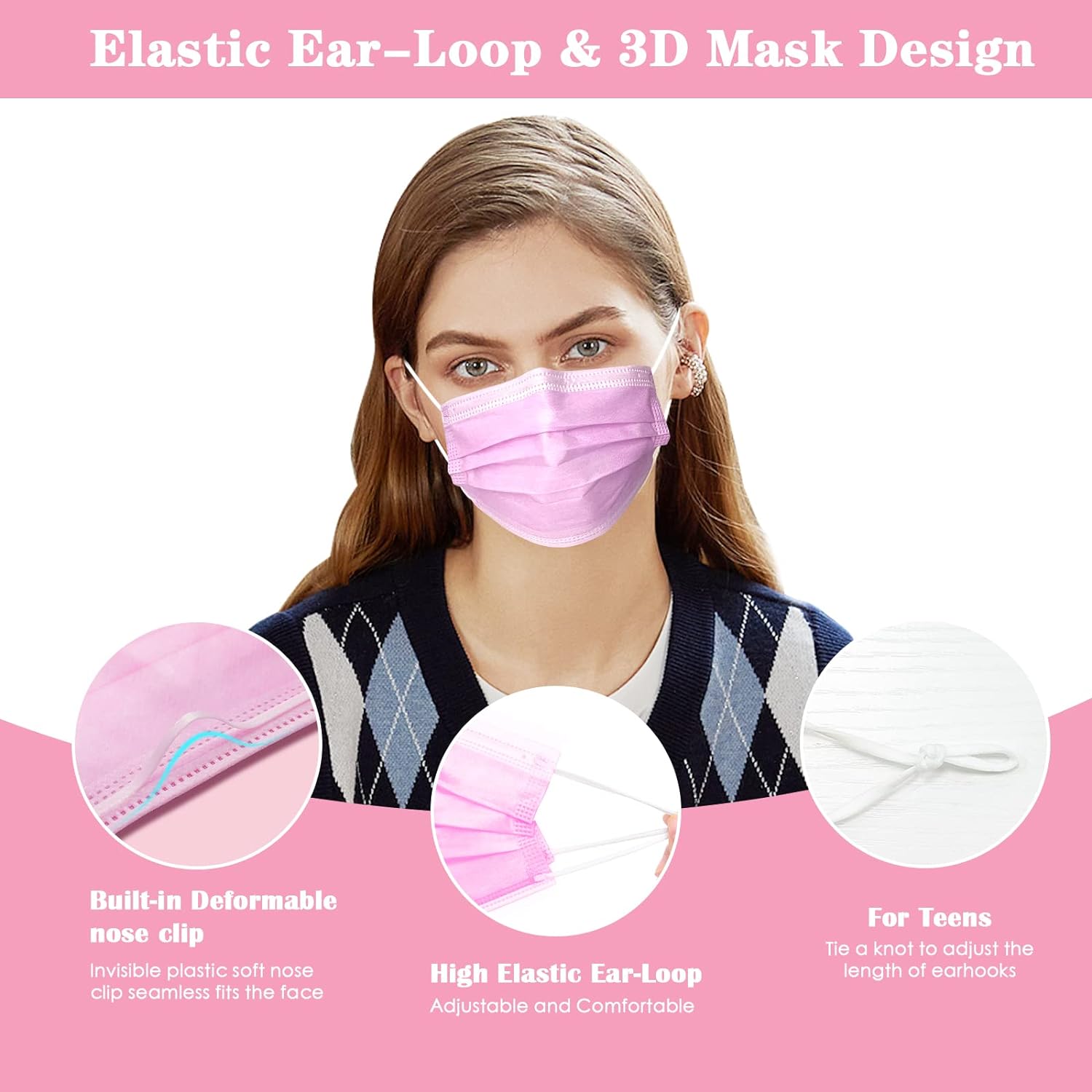 DC-BEAUTIFUL 100 Pcs Pink Disposable 3 Ply Earloop Face Masks,Fit for Adults-2