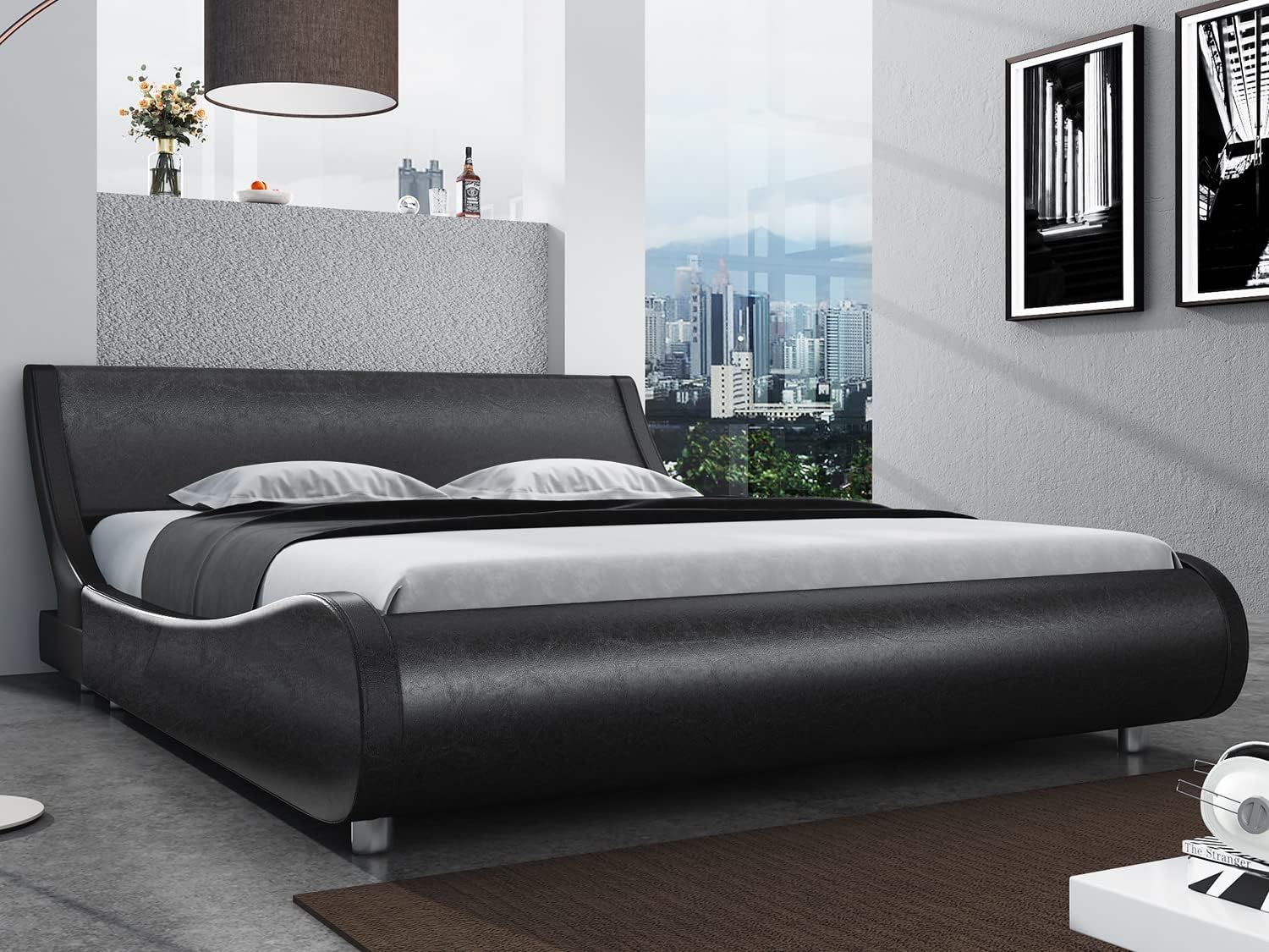 SHA CERLIN Modern Low Profile Platform Bed Frame Full Size, Stylish Faux Leather Upholstered Sleigh Bed with Adjustable Headboard, No Box Spring Needed, Glossy Black-0