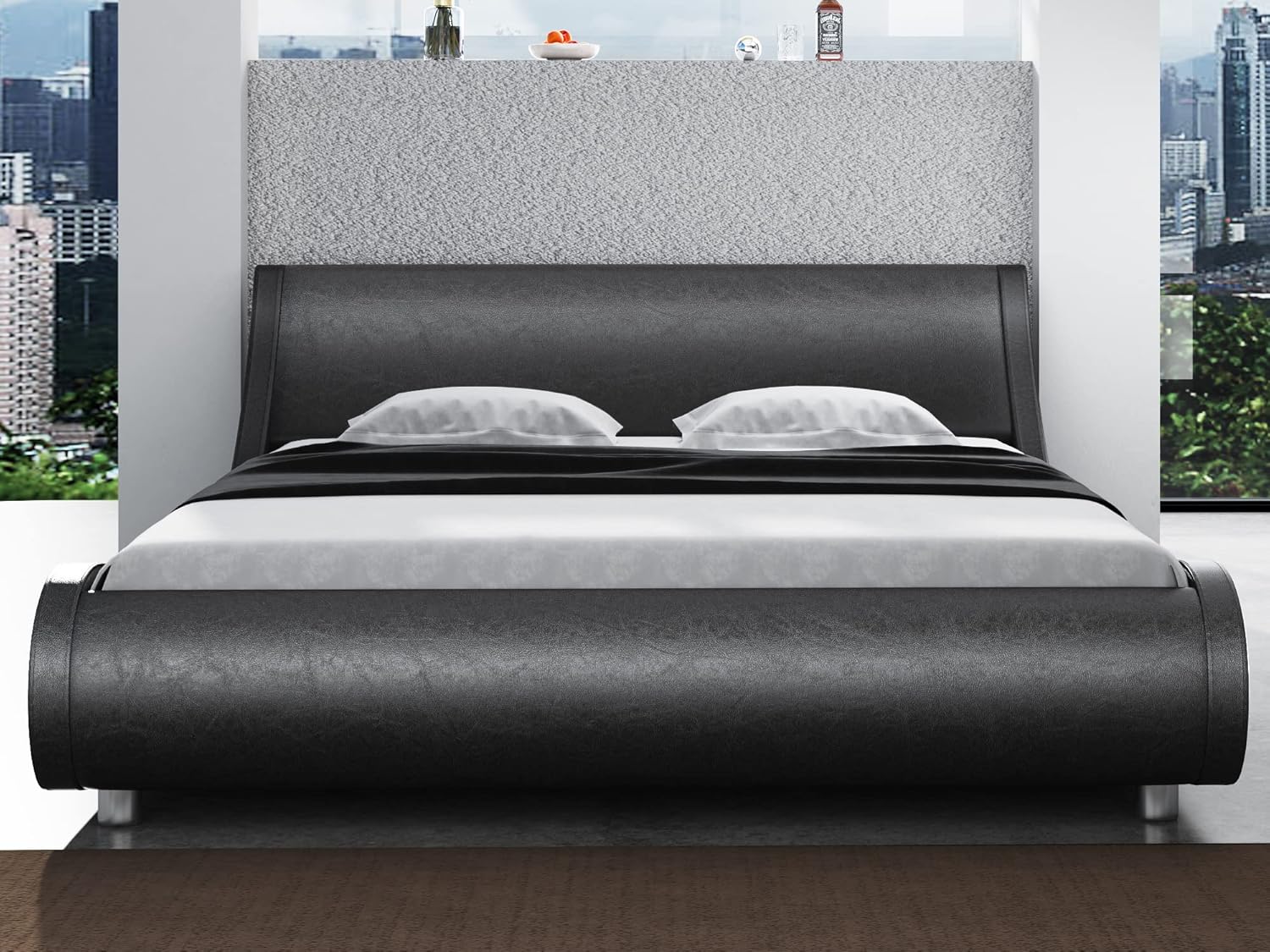 SHA CERLIN Modern Low Profile Platform Bed Frame Full Size, Stylish Faux Leather Upholstered Sleigh Bed with Adjustable Headboard, No Box Spring Needed, Glossy Black-2