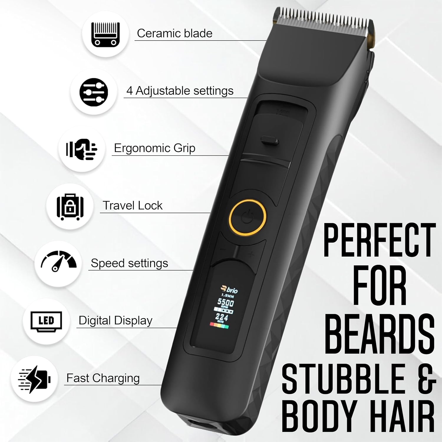 Brio Beardscape V2 Beard Trimmer for Men, Hair Trimmer for Men with Low Friction Ceramic Blade, Quiet Beard and Mustache Trimmer for Men (Black)-3