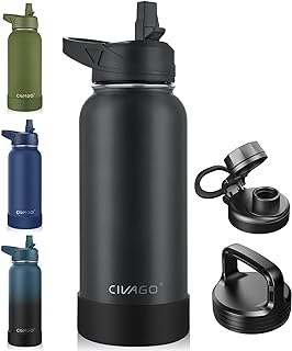 CIVAGO 32 oz Insulated Water Bottle With Straw, Stainless Steel Sports Water Cup Flask with 3 Lids (Straw, Spout and Handle Lid), Wide Mouth Travel Thermal Mug, Black