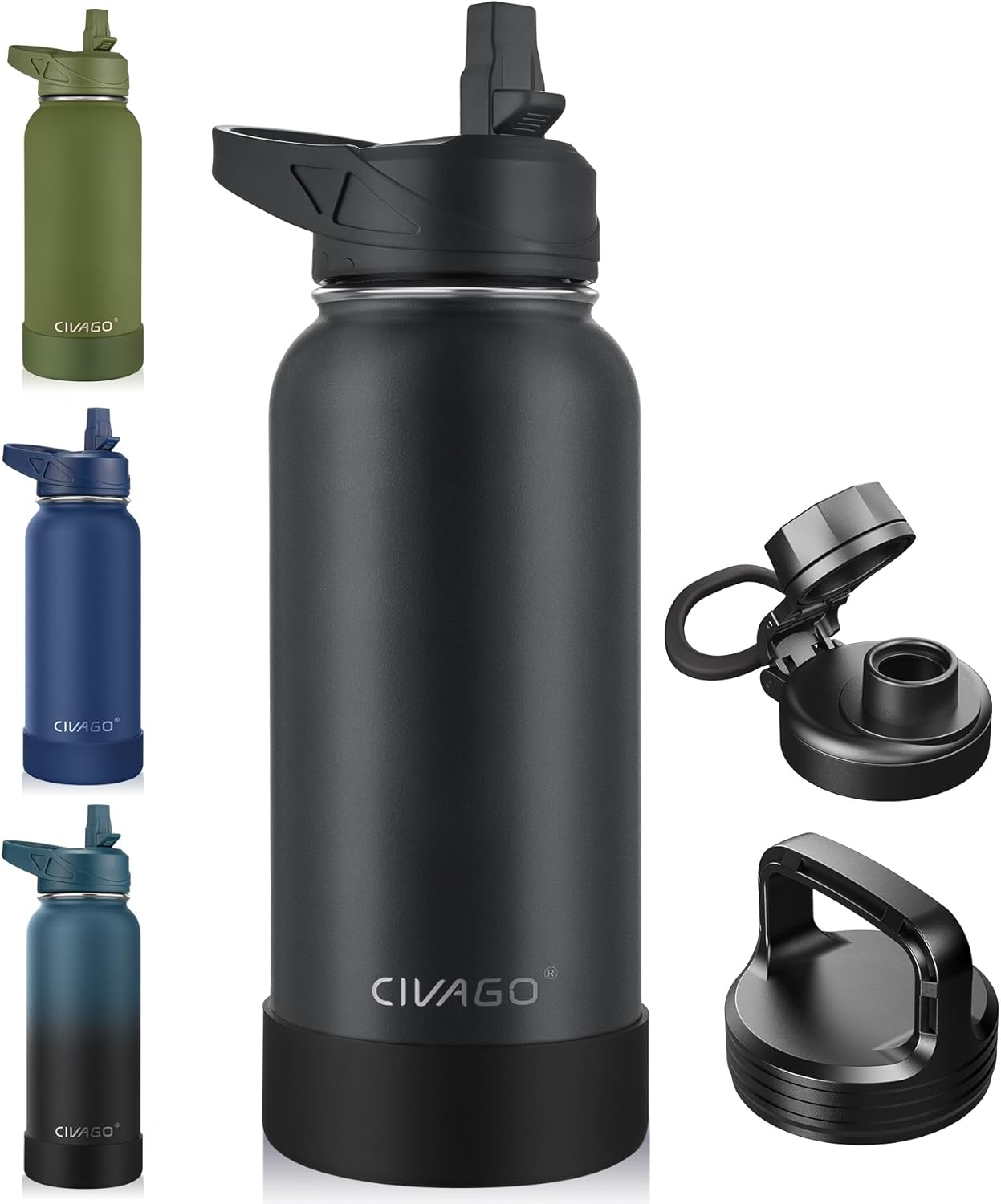 CIVAGO 32 oz Insulated Water Bottle With Straw, Stainless Steel Sports Water Cup Flask with 3 Lids (Straw, Spout and Handle Lid), Wide Mouth Travel Thermal Mug, Black-0