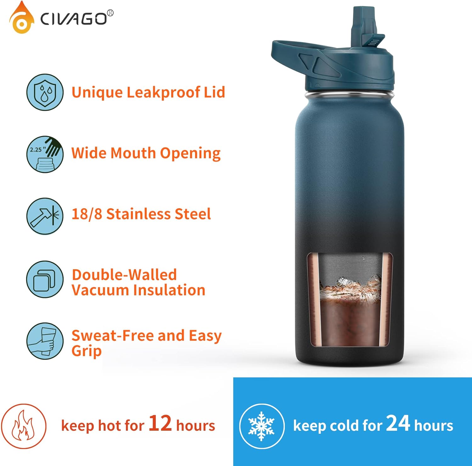 CIVAGO 32 oz Insulated Water Bottle With Straw, Stainless Steel Sports Water Cup Flask with 3 Lids (Straw, Spout and Handle Lid), Wide Mouth Travel Thermal Mug, Black-2