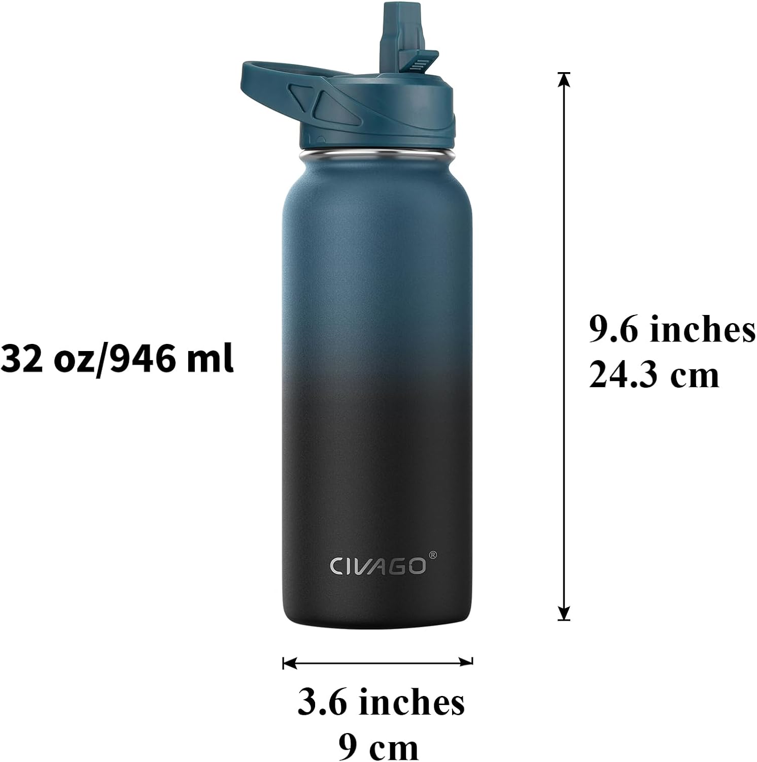 CIVAGO 32 oz Insulated Water Bottle With Straw, Stainless Steel Sports Water Cup Flask with 3 Lids (Straw, Spout and Handle Lid), Wide Mouth Travel Thermal Mug, Black-3