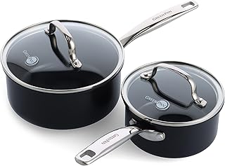 GreenPan Prime Chatham 1QT & 2QT Saucepan Pot Set with Glass Lids, Hard Anodized Diamond Infused Ceramic Nonstick, PFAS-Free, Dishwasher Safe, Oven Safe, Multipurpose Chefs Pan, Stay-Cool Handle,Black