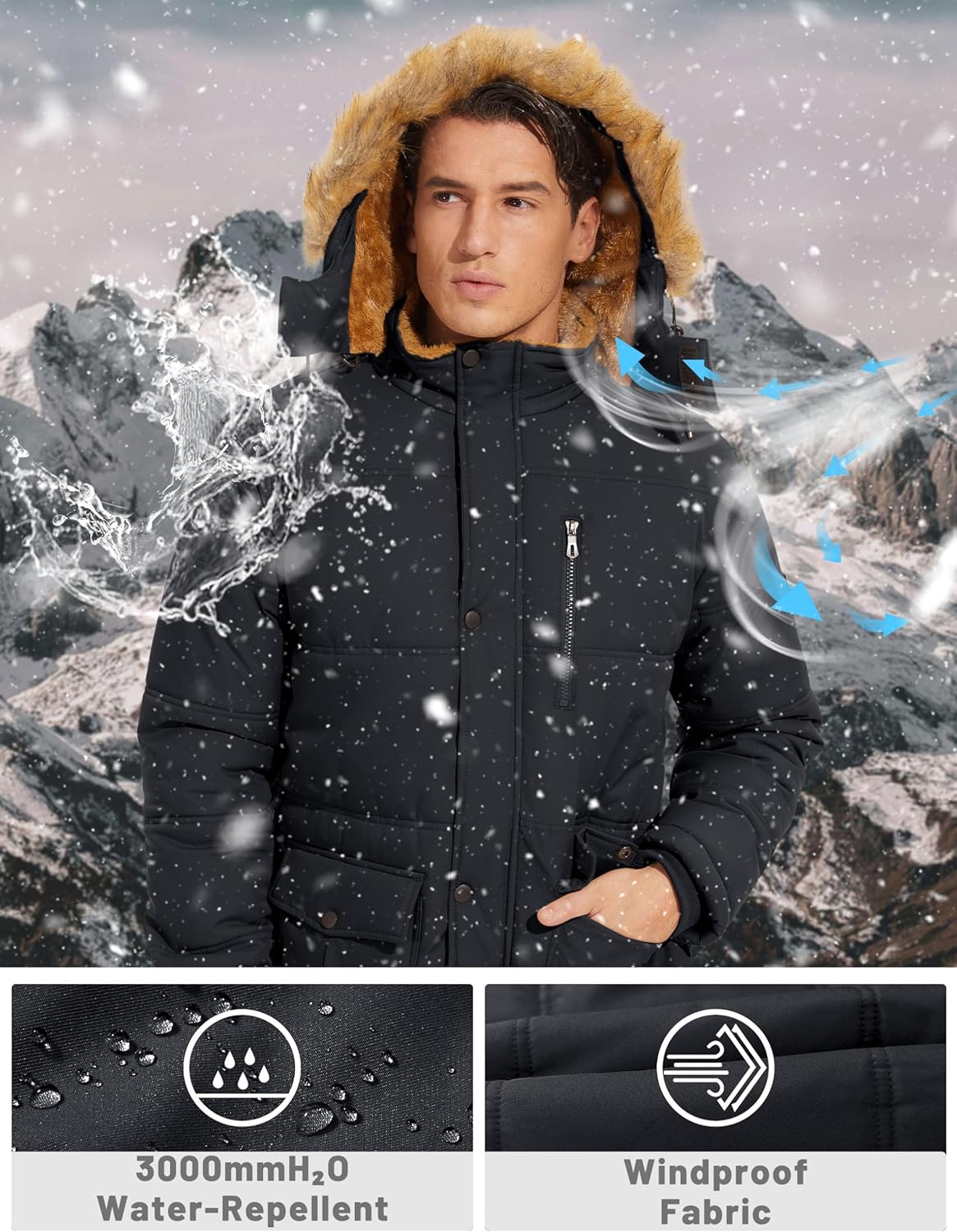 TACVASEN Men's Winter Jacket with Hood Water Repellent Windproof Thicken Parka Winter Coat-3