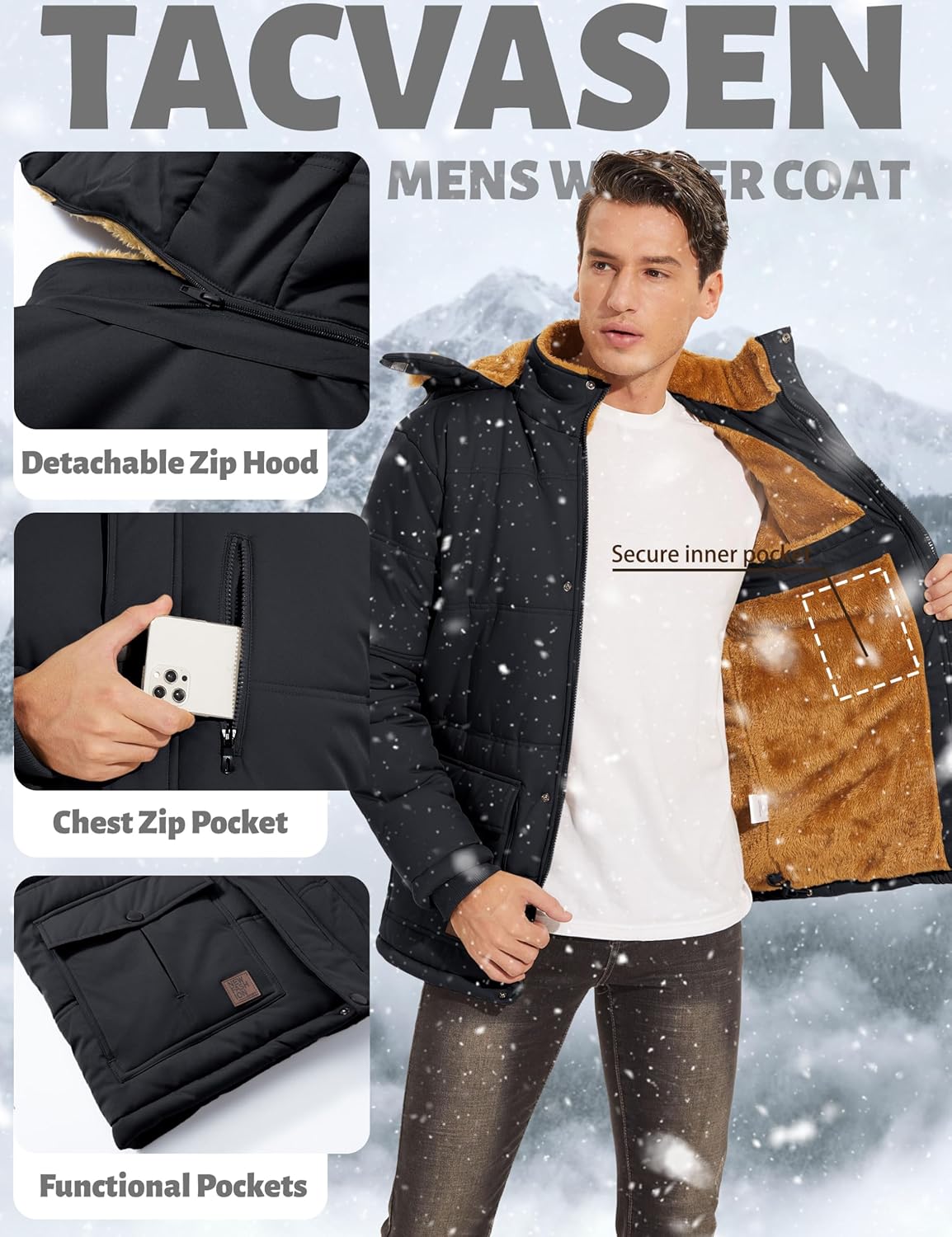 TACVASEN Men's Winter Jacket with Hood Water Repellent Windproof Thicken Parka Winter Coat-4