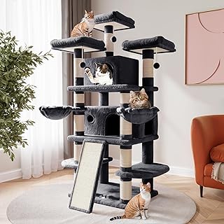 SHA CERLIN 68 Inches Multi-Level Large Cat Tree for Large Cats/Big Cat Tower with Cat Condo/Cozy Plush Cat Perches/Sisal Scratching Posts and Hammocks/Cat Activity Center, Dark Grey