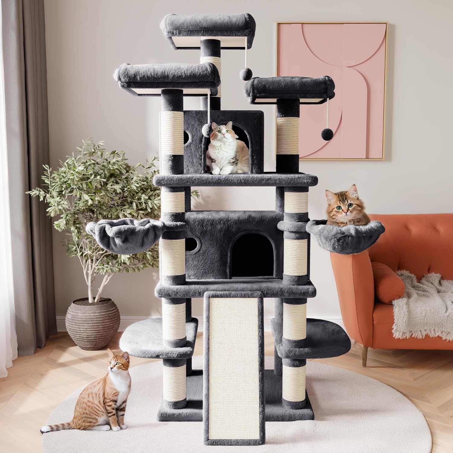 SHA CERLIN 68 Inches Multi-Level Large Cat Tree for Large Cats/Big Cat Tower with Cat Condo/Cozy Plush Cat Perches/Sisal Scratching Posts and Hammocks/Cat Activity Center, Dark Grey-1