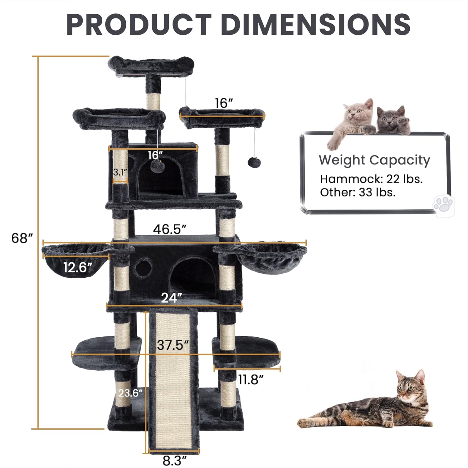 SHA CERLIN 68 Inches Multi-Level Large Cat Tree for Large Cats/Big Cat Tower with Cat Condo/Cozy Plush Cat Perches/Sisal Scratching Posts and Hammocks/Cat Activity Center, Dark Grey-5