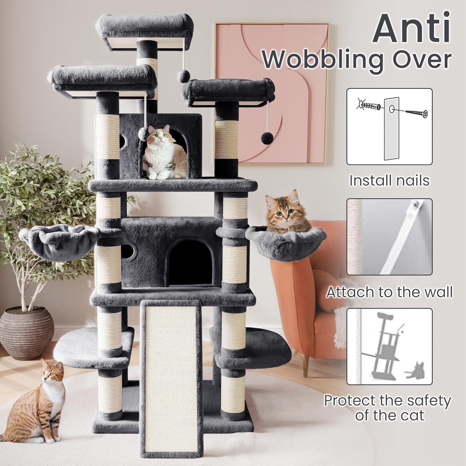 SHA CERLIN 68 Inches Multi-Level Large Cat Tree for Large Cats/Big Cat Tower with Cat Condo/Cozy Plush Cat Perches/Sisal Scratching Posts and Hammocks/Cat Activity Center, Dark Grey-6