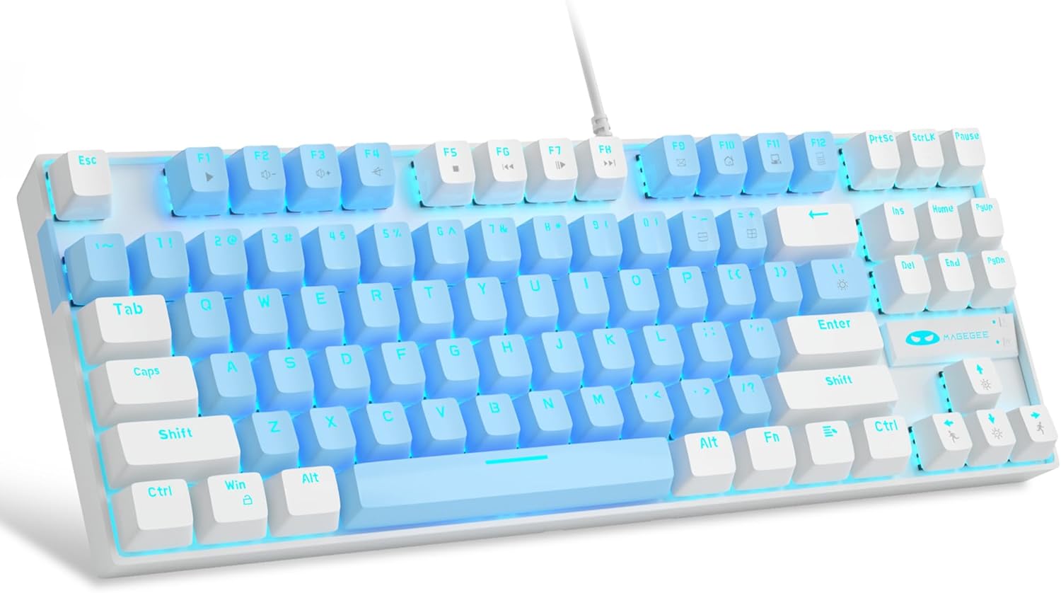 MageGee 75% Mechanical Gaming Keyboard with Blue Switch, LED Blue Backlit Keyboard, 87 Keys Compact TKL Wired Computer Keyboard for Windows Laptop PC Gamer - Blue/White-0