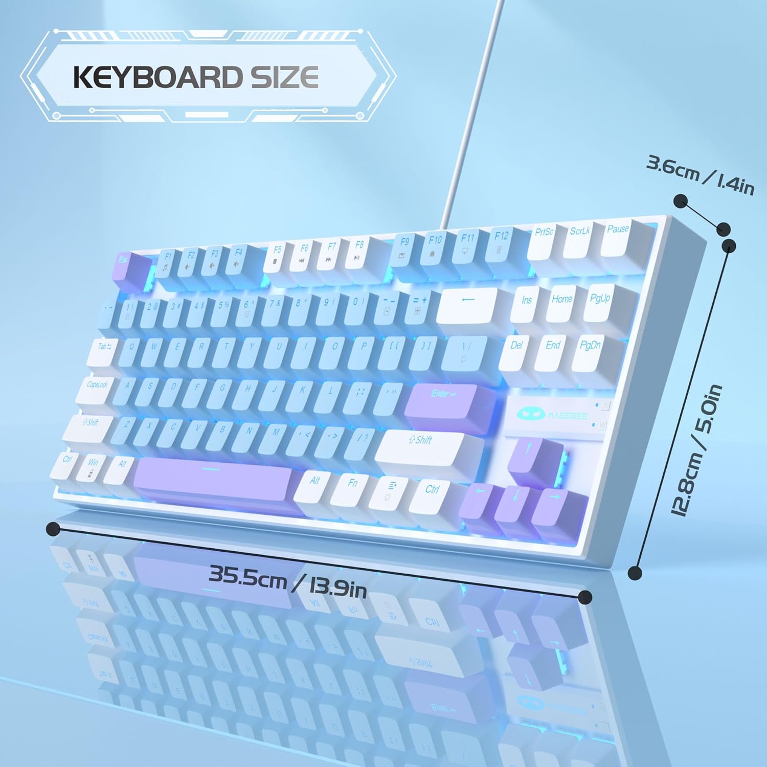 MageGee 75% Mechanical Gaming Keyboard with Blue Switch, LED Blue Backlit Keyboard, 87 Keys Compact TKL Wired Computer Keyboard for Windows Laptop PC Gamer - Blue/White-7