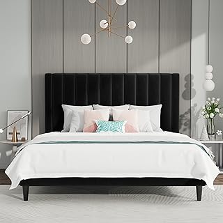 SHA CERLIN Queen Bed Frame/Velvet Upholstered Platform Bed Frame with Headboard/Strong Wood Slats Support/Mattress Foundation/No Box Spring Needed - Black